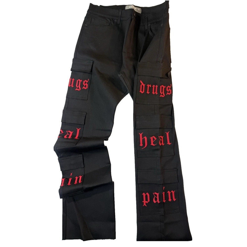 Golden Cargo Jeans‎ Mens 30 Black Red Gothic Dr$gs Heal Pain Writing Streetwear